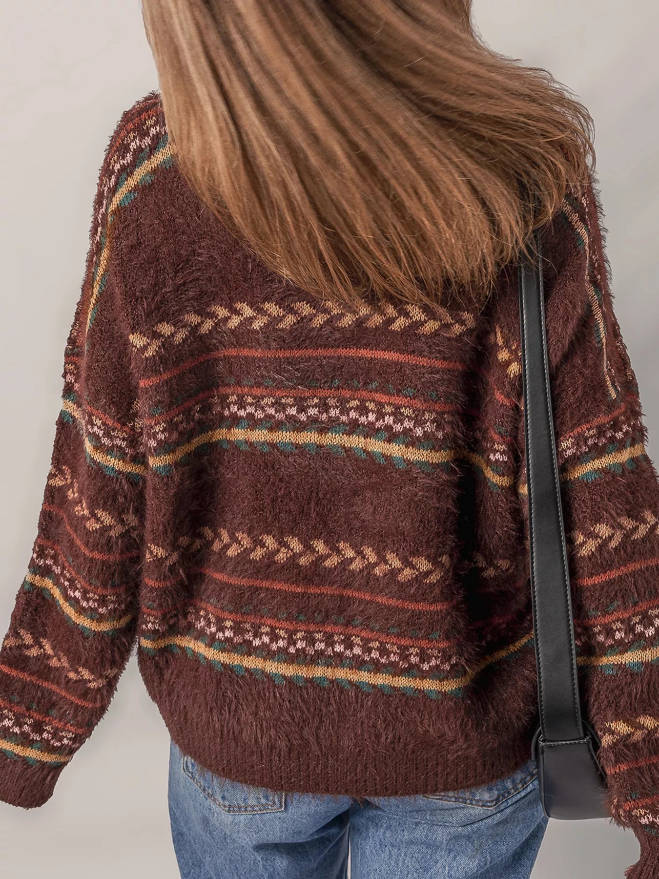 Ethnic Pattern Mohair Knitted Drop Shoulder Sweater