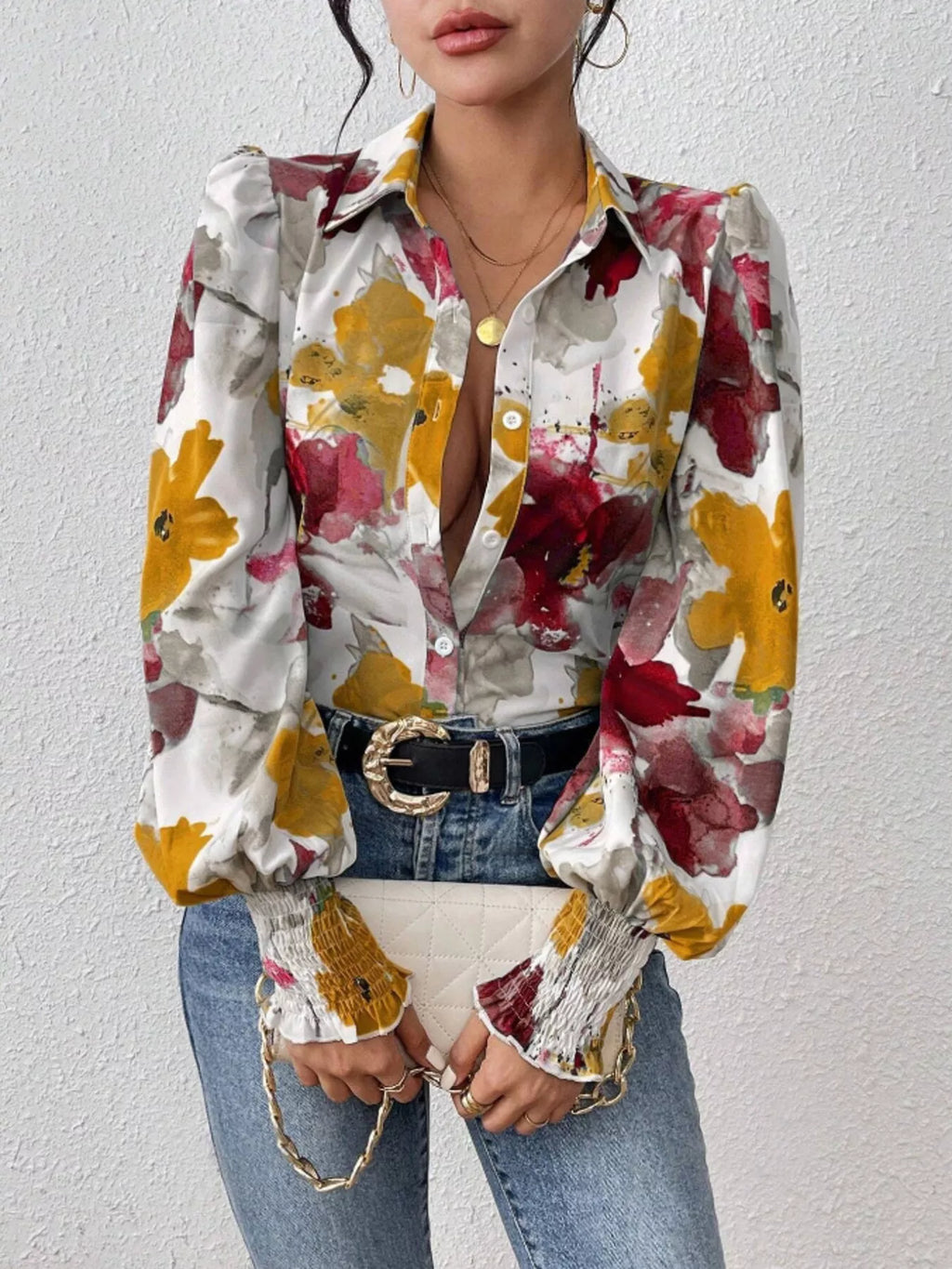 Printed Button Up Lantern Sleeve Shirt