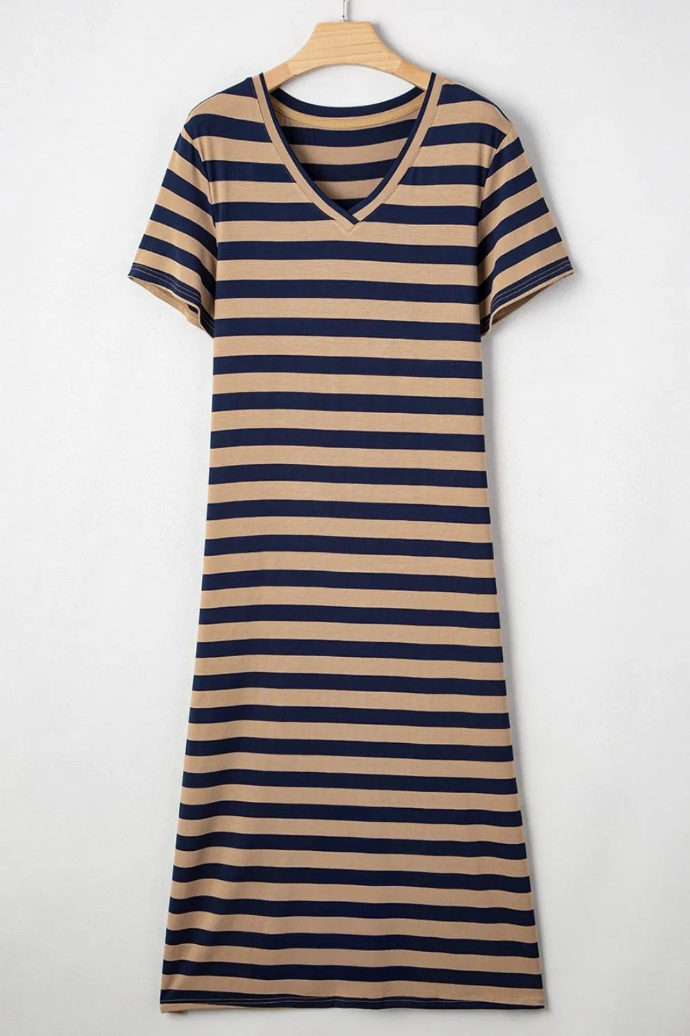 Casual Striped V-Neck Midi T-Shirt Dress
