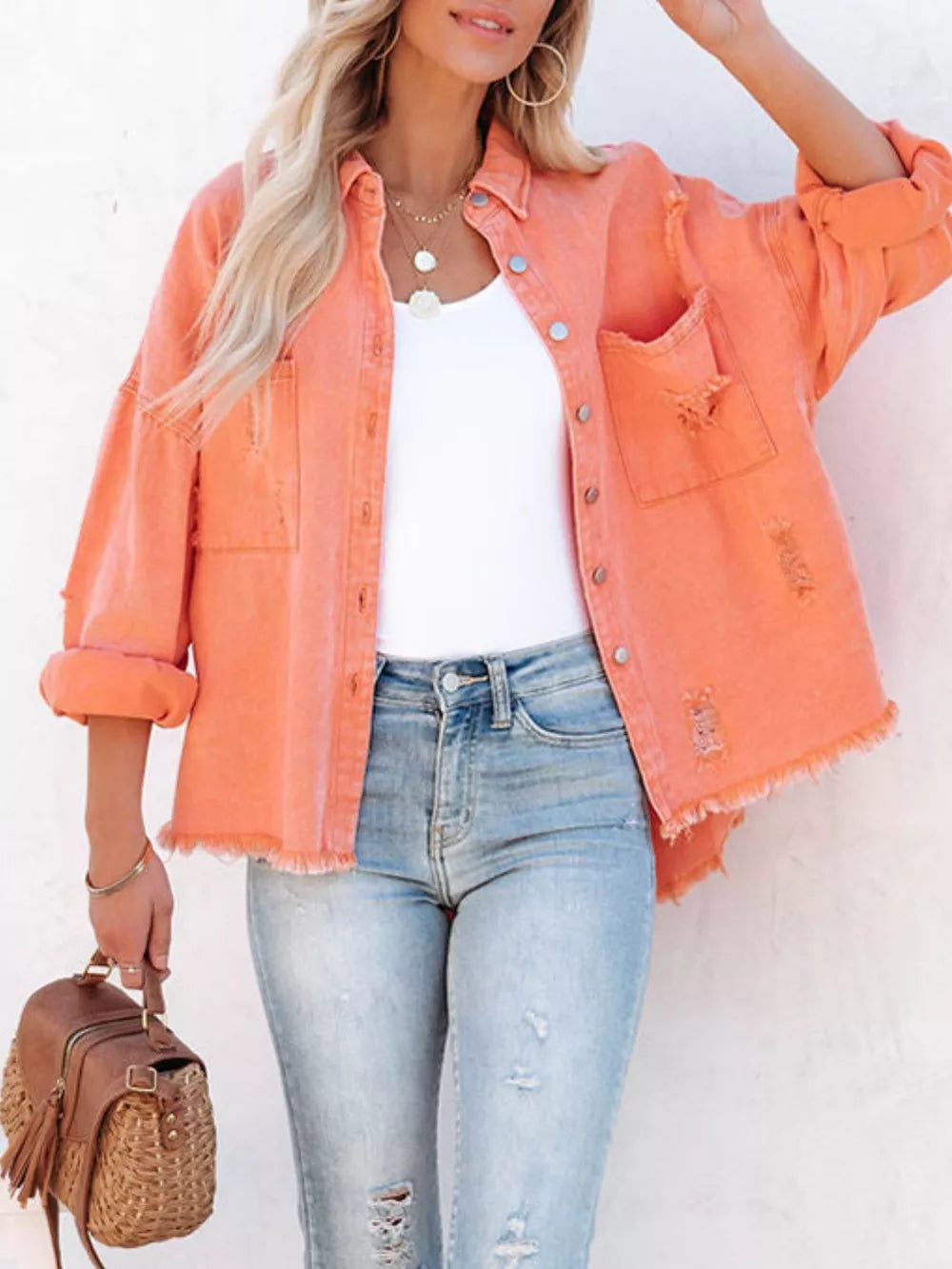 Raw Hem Button Up Denim Shacket