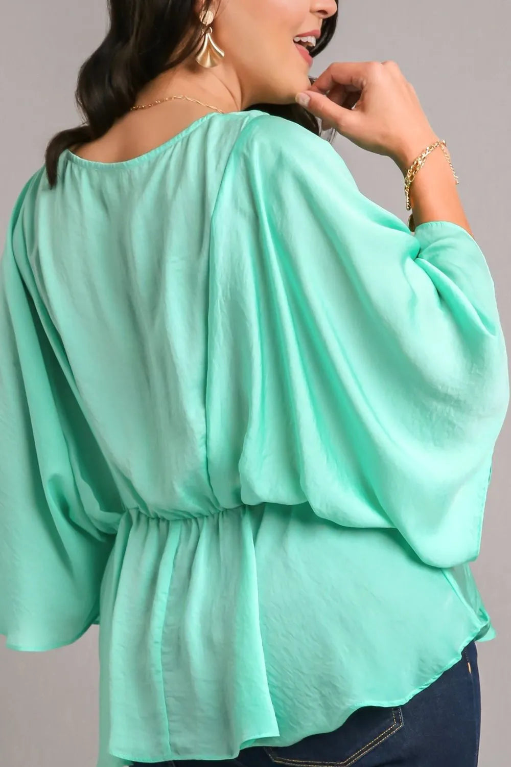 Umgee Full Size Satin Pleated Peplum Round Neck Blouse Plus Size