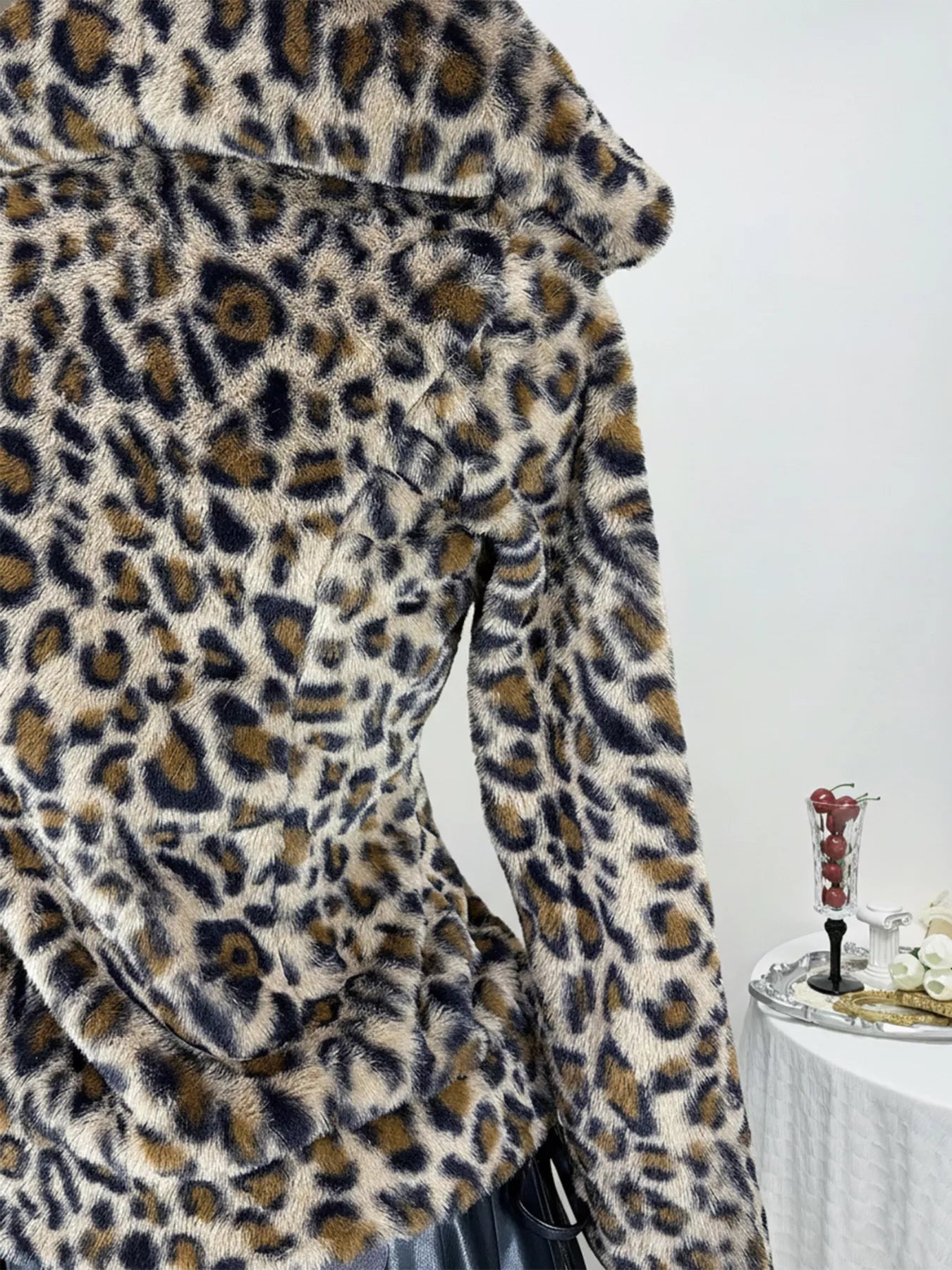 Leopard Plush Zip-Up Hooded Outerwear