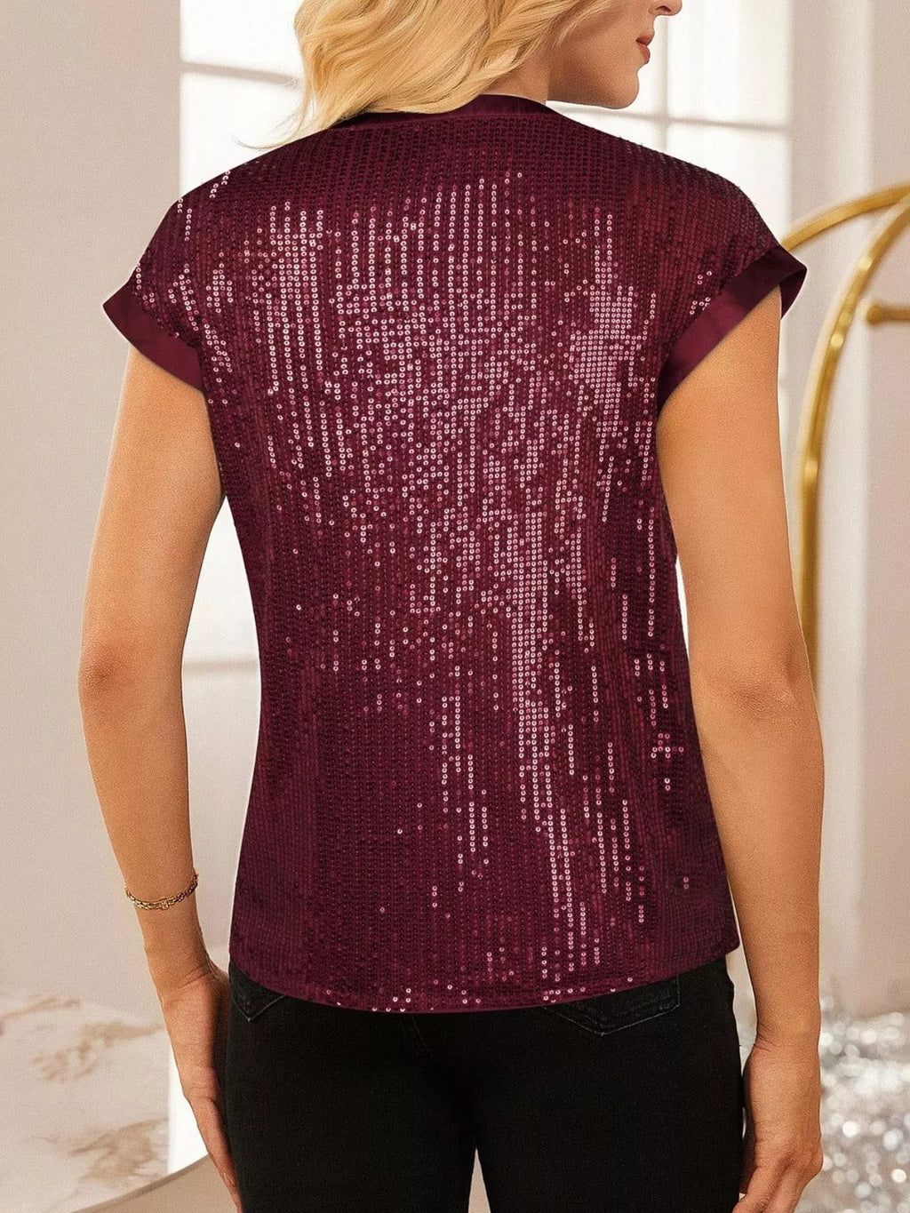 Sequin Notched Cap Sleeve Blouse