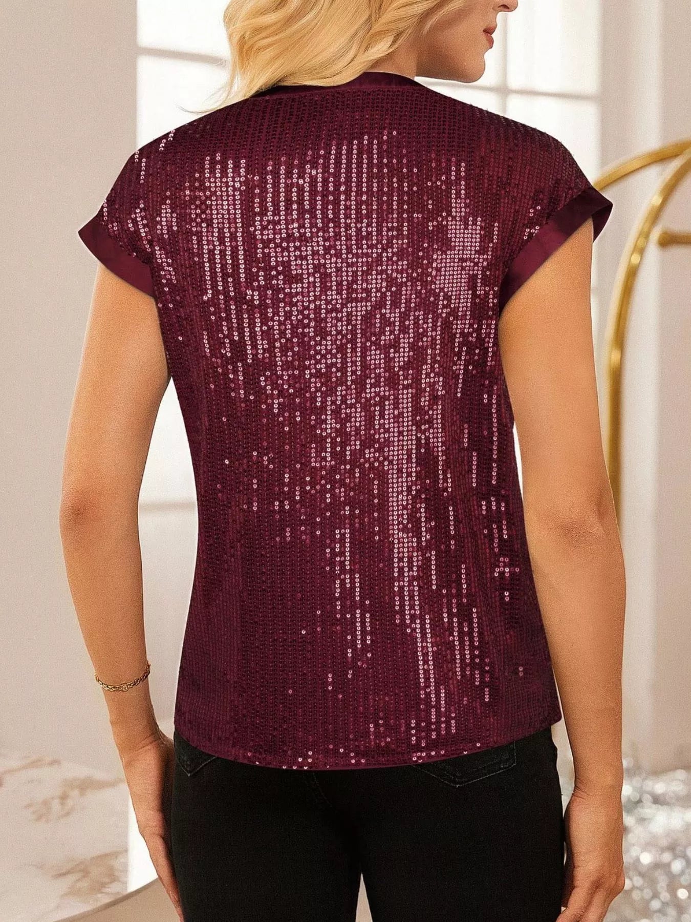 Sequin Notched Cap Sleeve Blouse