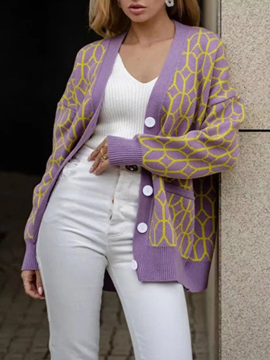 Geometric Patterned Button-Down Cardigan