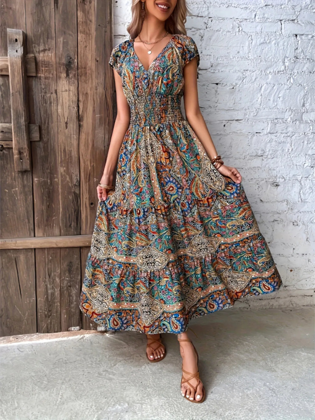 Printed V-Neck Cap Sleeve Dress