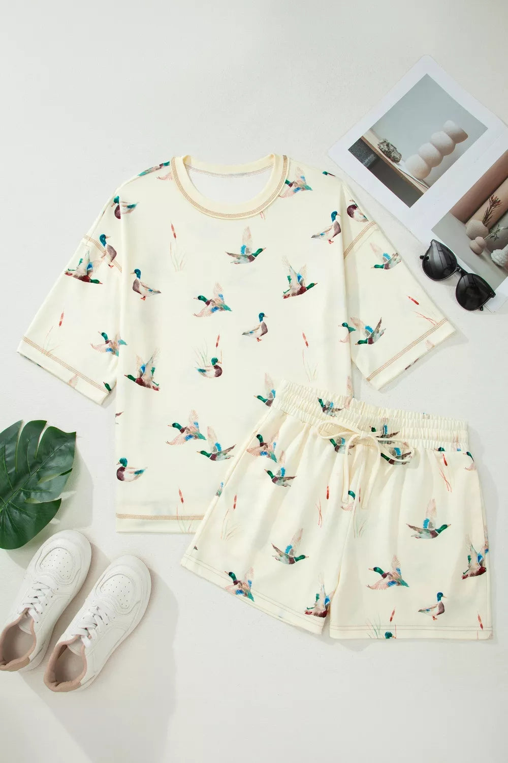 Mallard Duck Print Oversized Tee Drawstring Short Set