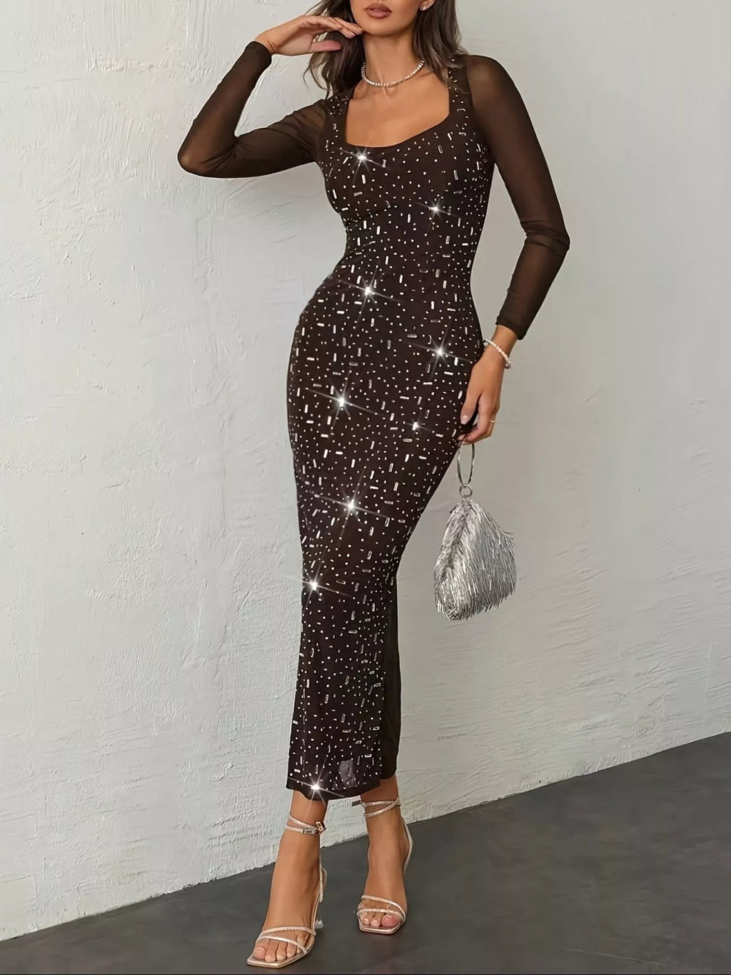Rhinestone Embellished Mesh Long Sleeve Dress