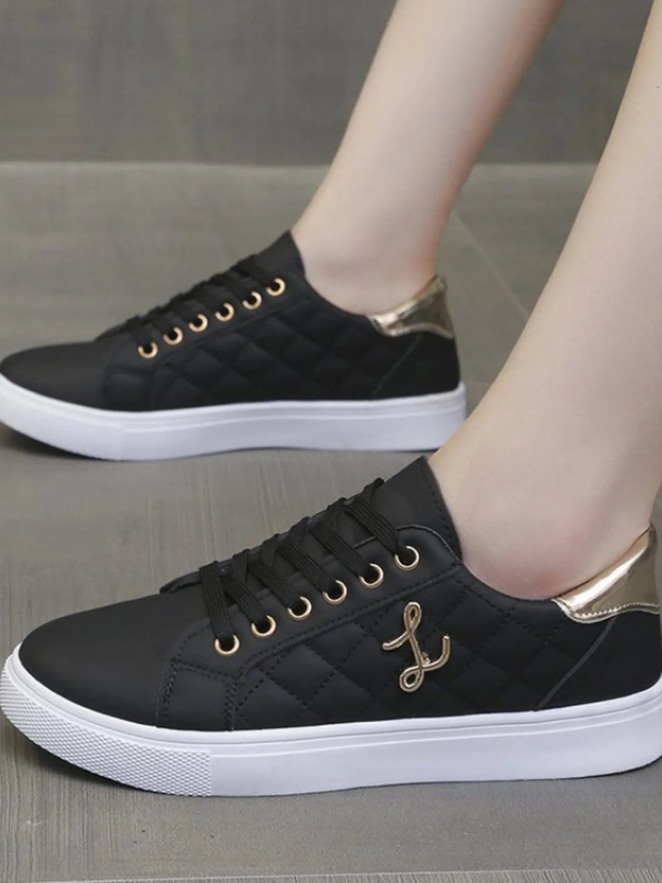 Quilted Platform Sneakers with Metallic Gold Accents