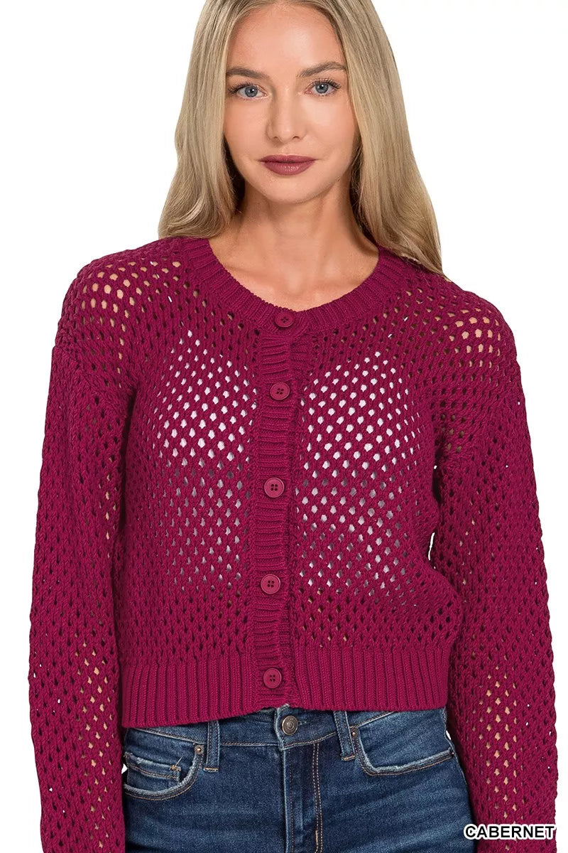 Zenana Button Down Lightweight Crochet Cardigan Sweater