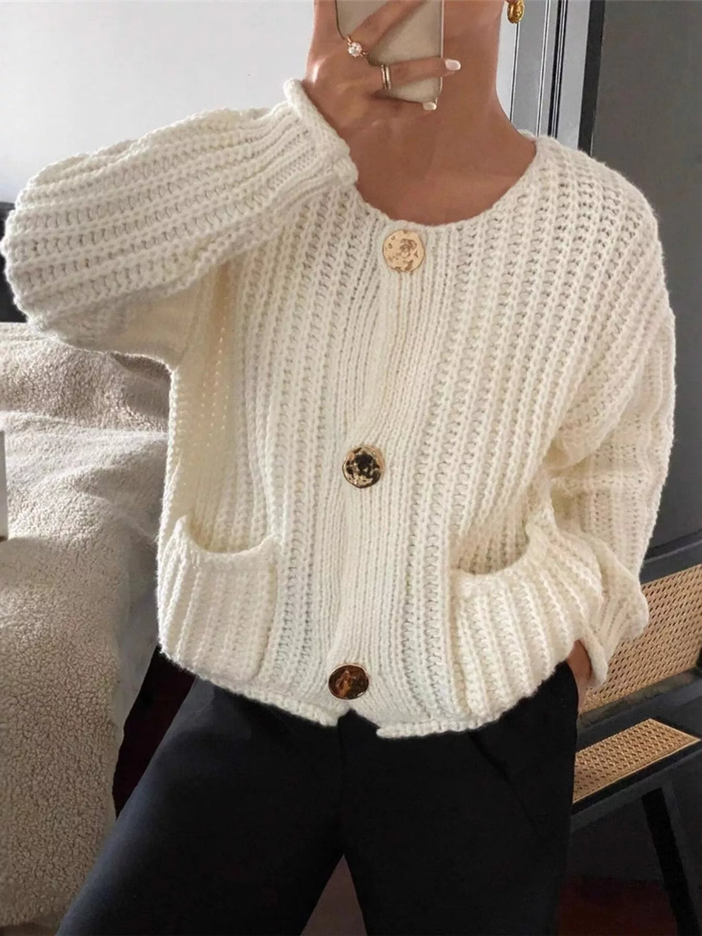 Button Up Dropped Shoulder Cardigan