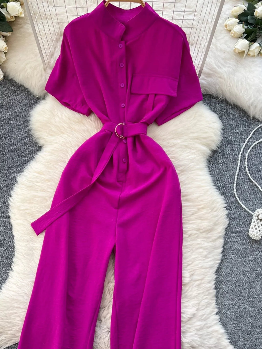 Button Front Wide Leg Jumpsuit
