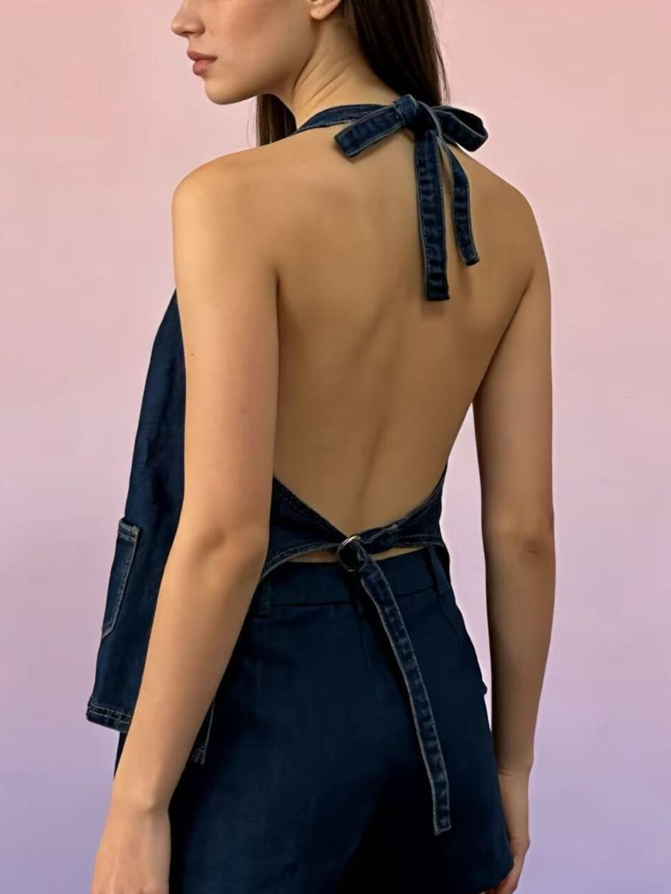 Halter Neck Button-Down Denim Vest