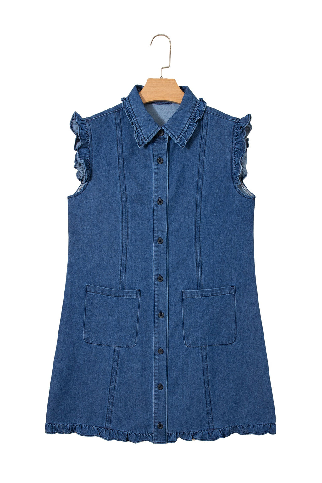Denim Ruffle Edge Collared Button Up Dress