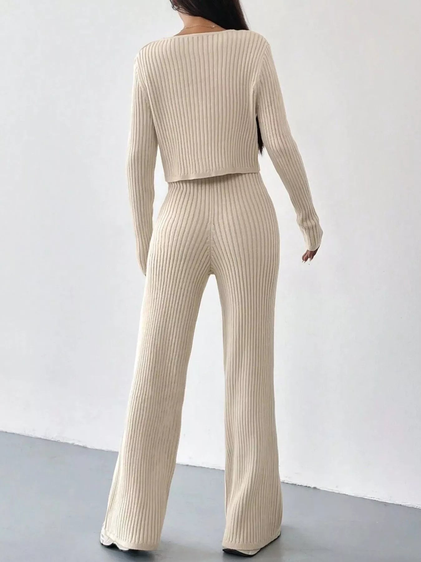 Ribbed Knit Button Up Top and Pants Set