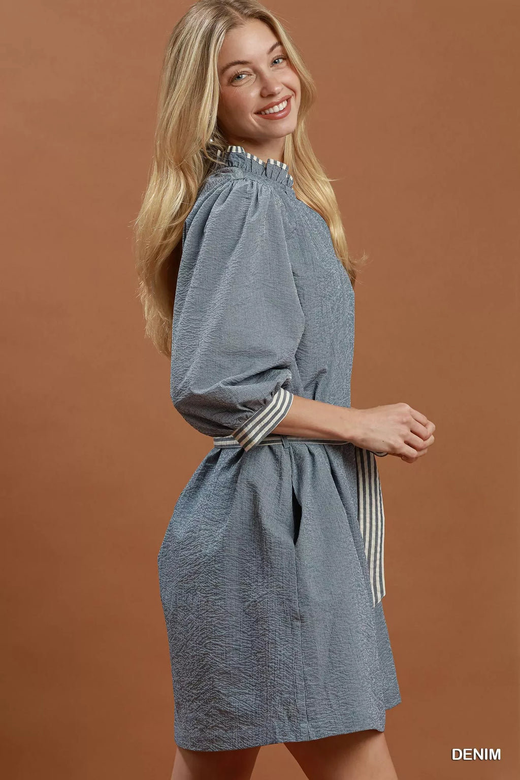 Umgee Textured Contrast Trim Tie Waist Mini Dress