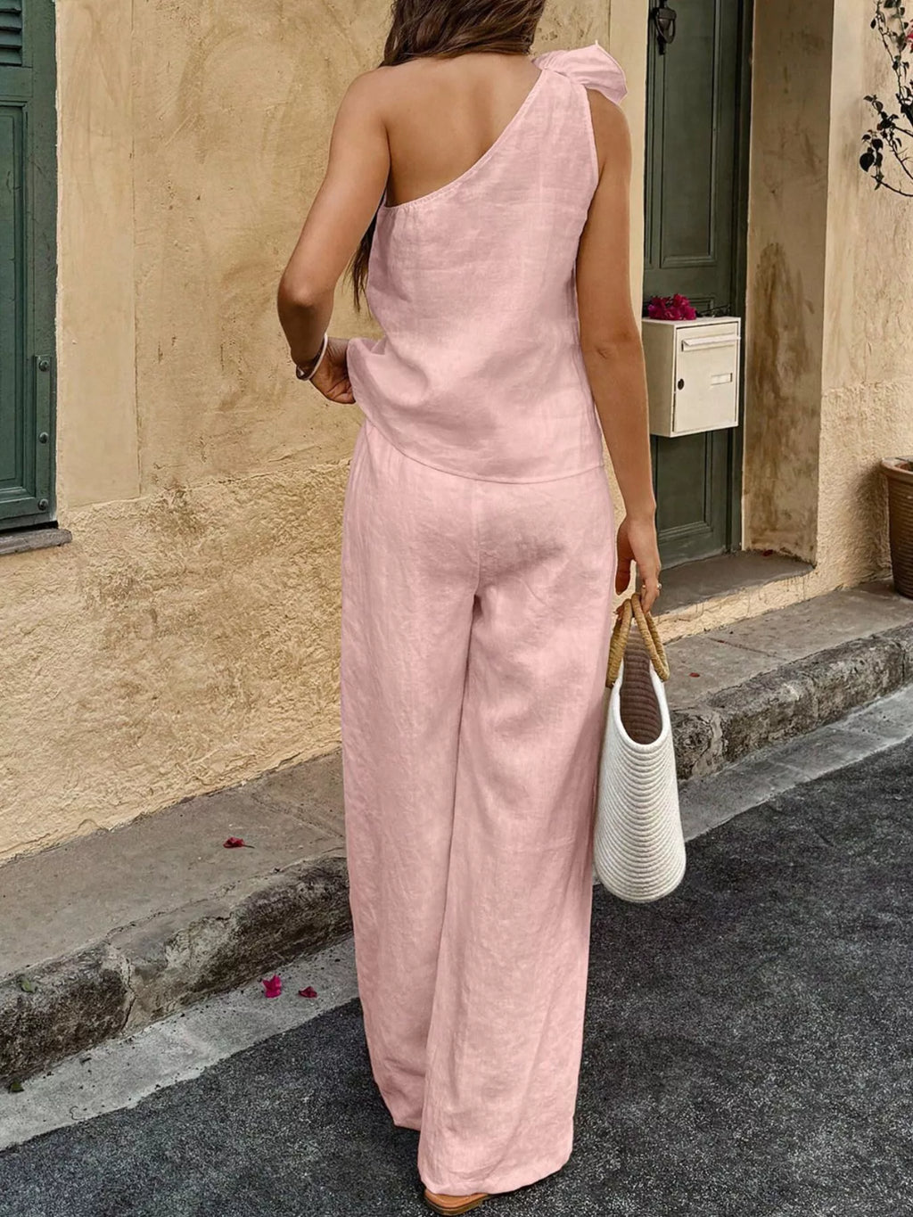 One-Shoulder Floral Embellished Top and Pants Set