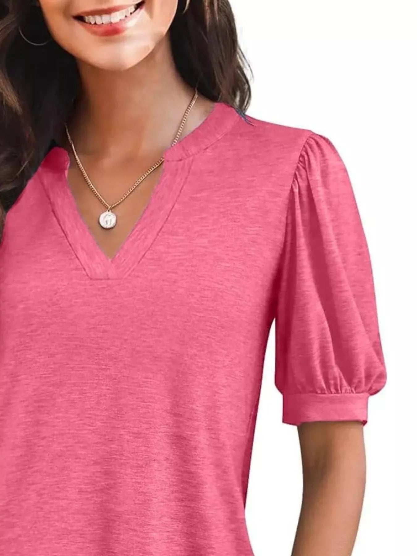 Puff Sleeve Notched Casual T-Shirt