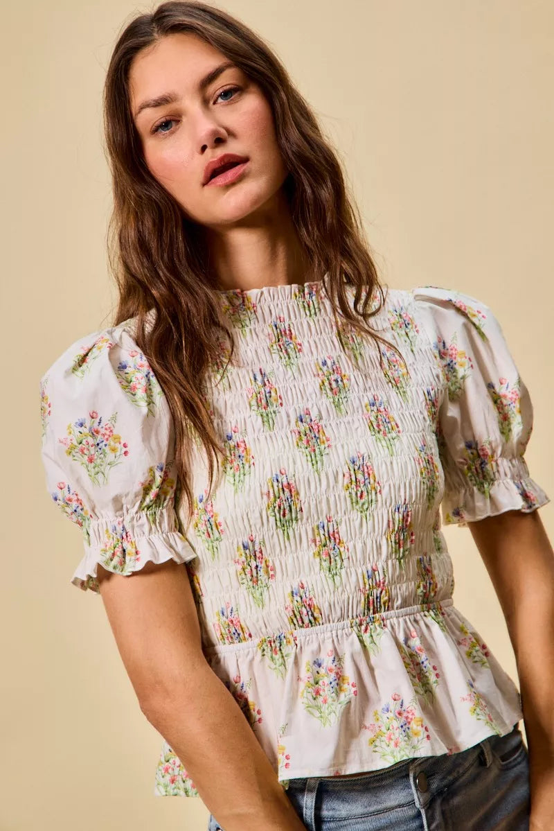 SO ME Floral Cotton Smocked Short Sleeves Blouse