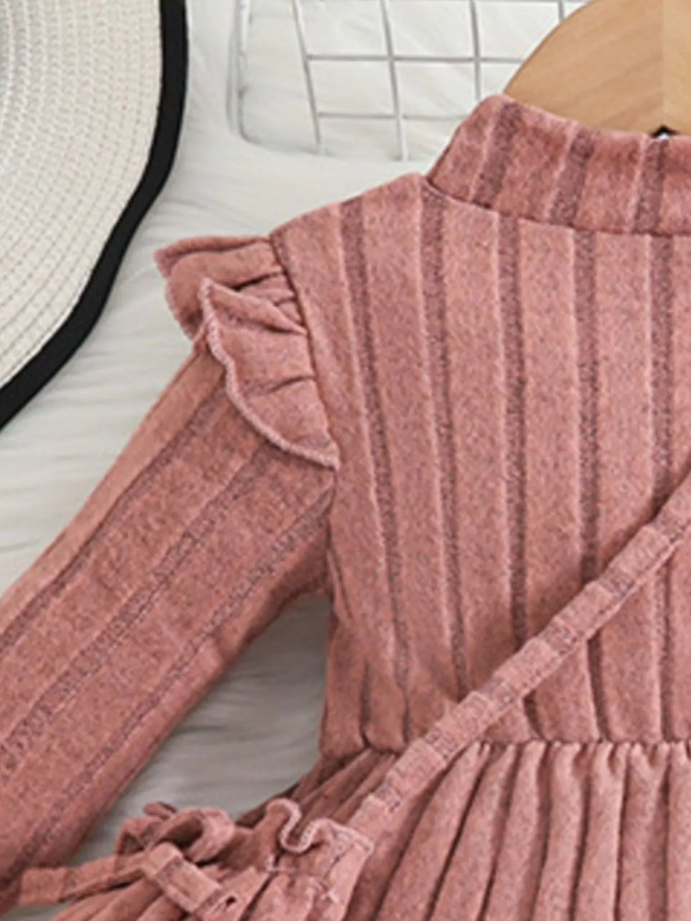 Children's Ribbed Knit Ruffle Trim Dress with Bag