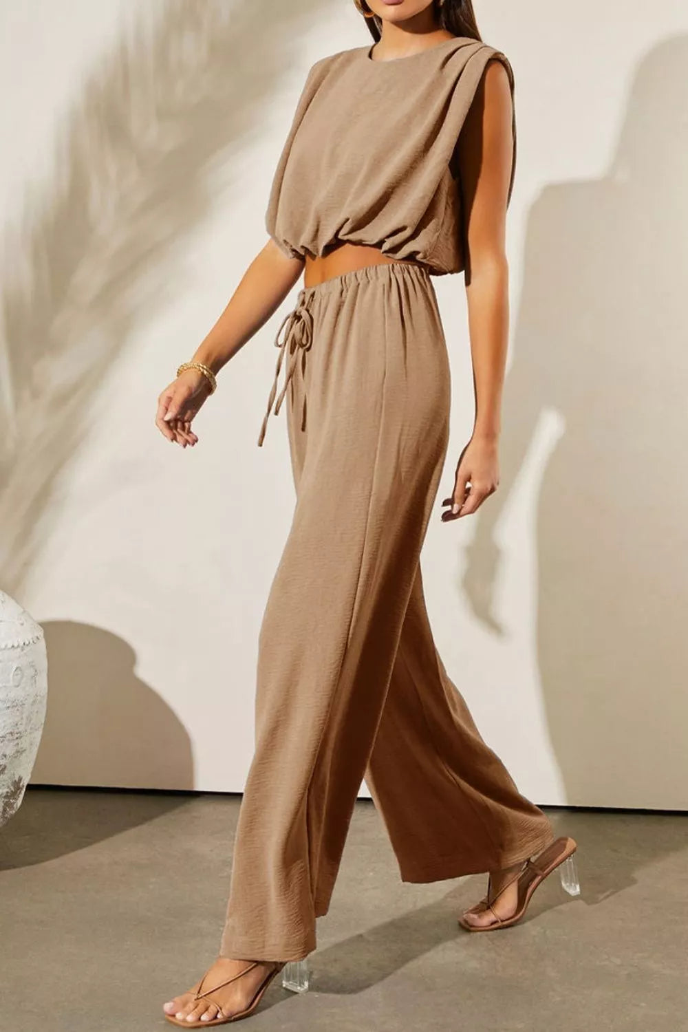 Solid Color Keyhole Puffy Tank Drawstring Loose Pants 2pcs Outfit