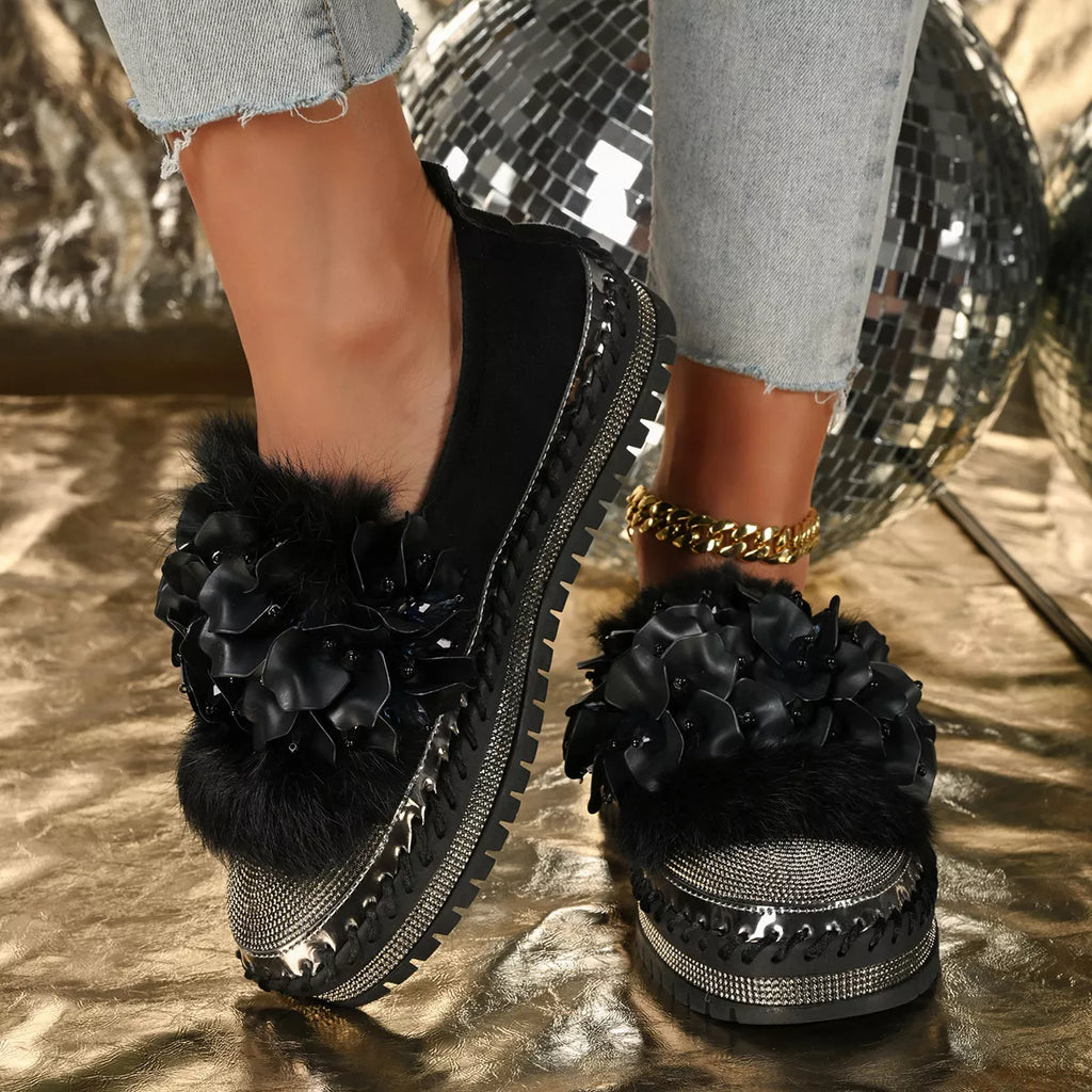 Fur-Trimmed Rhinestone Loafers