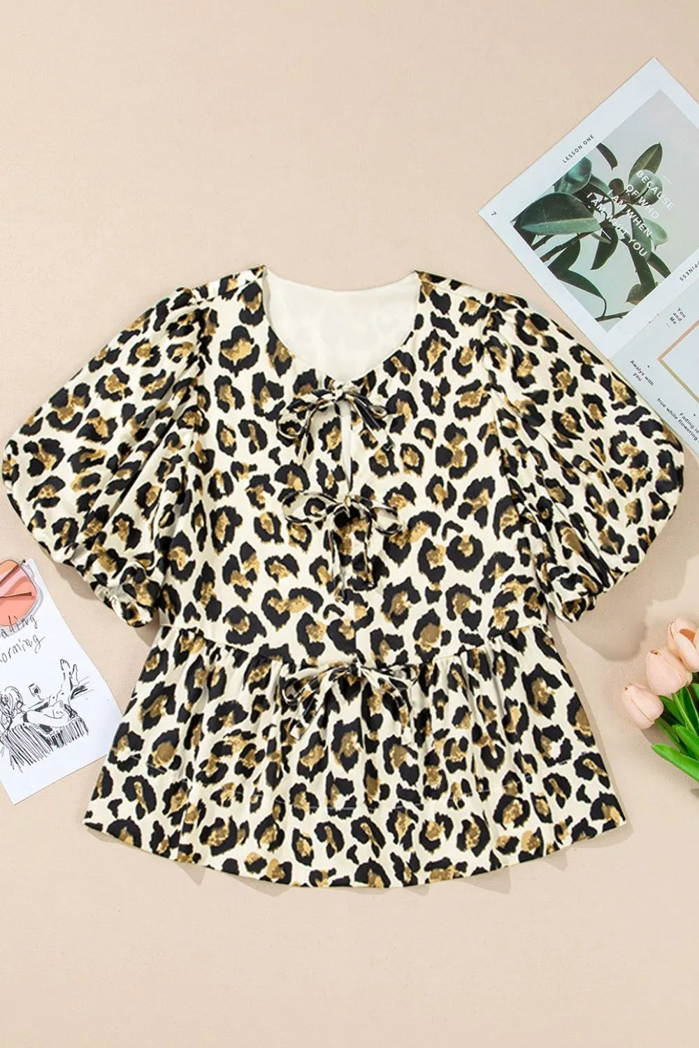 Leopard Bow Tie Front Puff Sleeve Peplum Blouse