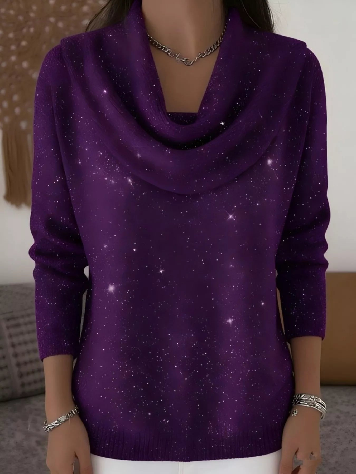 Full Size Glitter Cowl Neck Long Sleeve Sweater Plus Size
