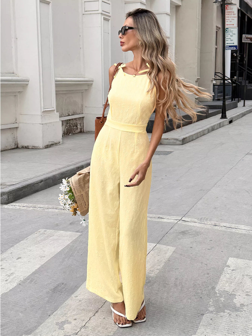 Tie Strap Textured Wide Leg Jumpsuit