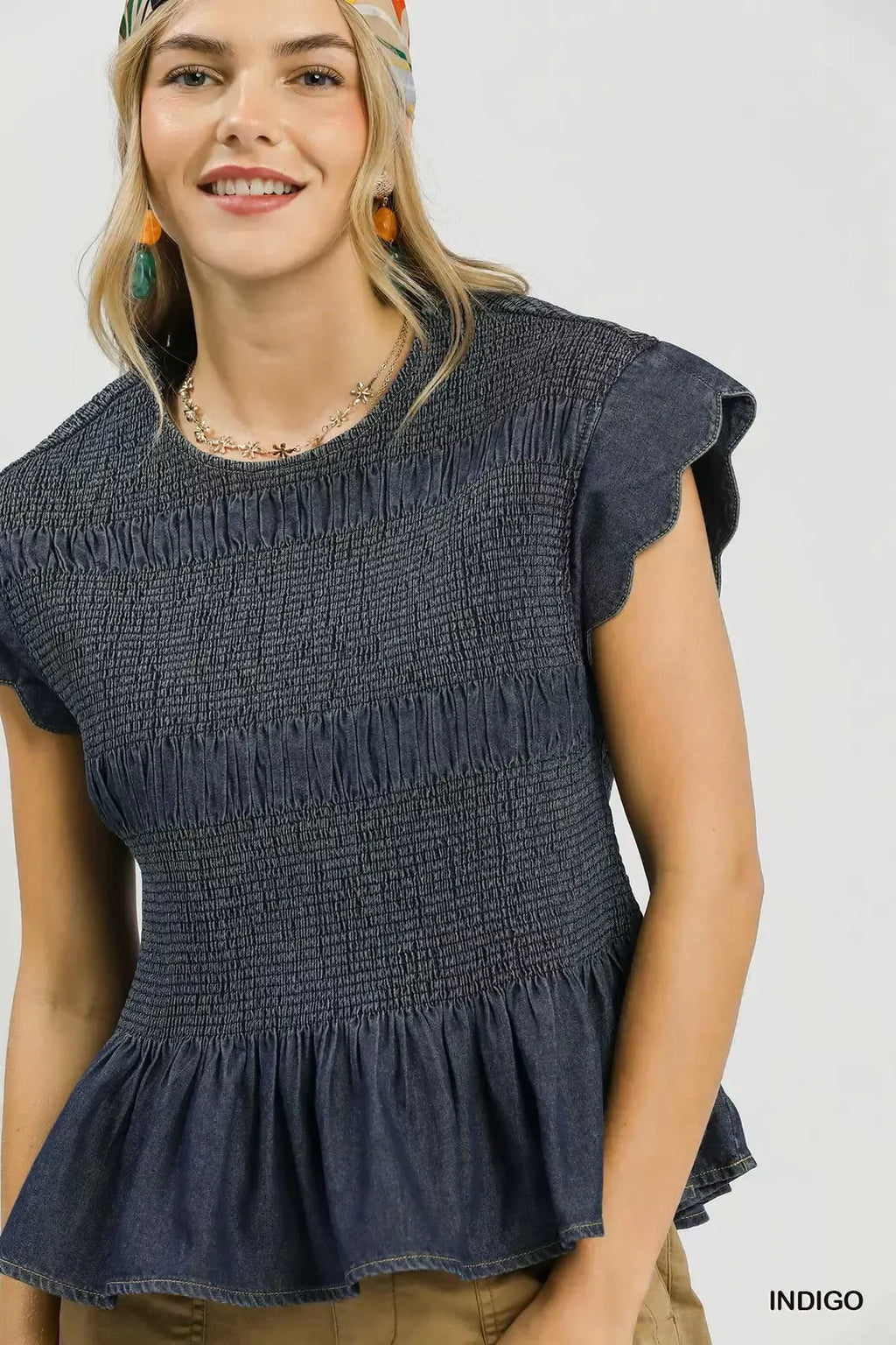 Umgee Smocked Peplum Top with Scalloped Ruffle Cap Sleeves
