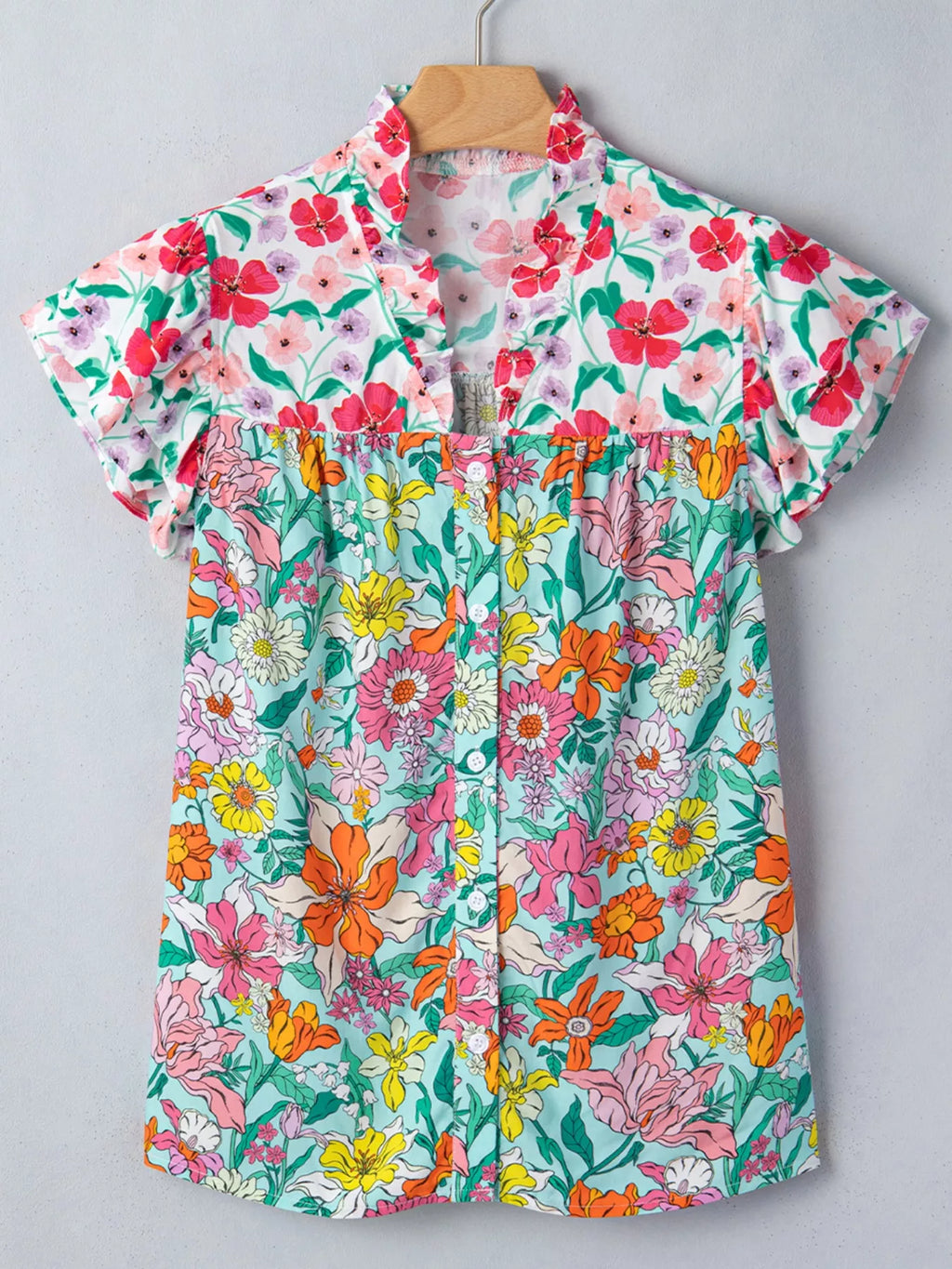 Floral Print Split Neck Button Front Flutter Sleeve Blouse