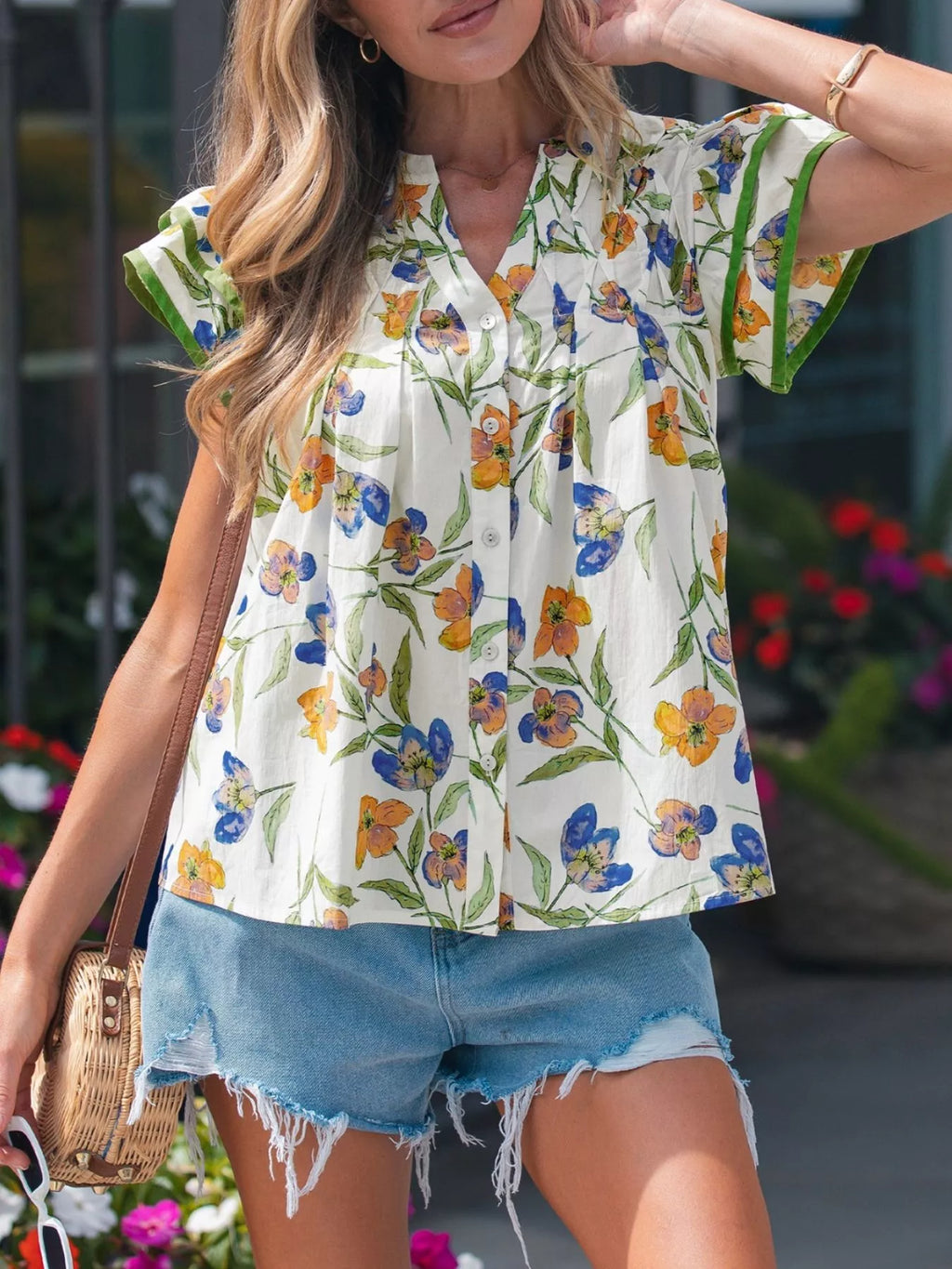 Floral Print Ruffle V-Neck Pressed Pleats Binding Tape Cotton Blouse