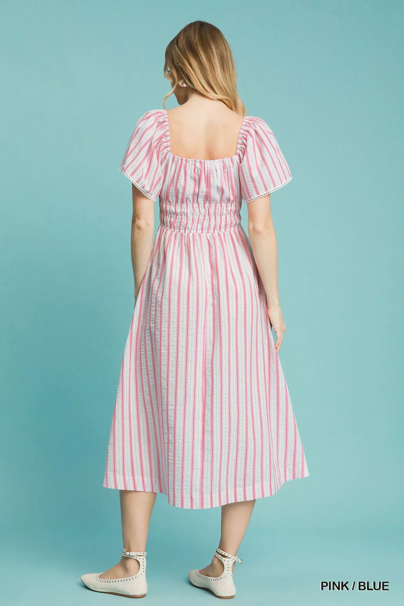 Umgee Smocked Striped Short Sleeve Midi Dress