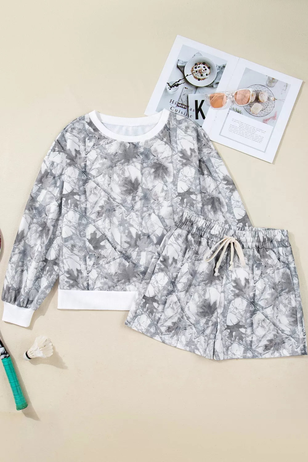 Abstract Woodland Camo Print Baggy Pullover Drawstring Shorts Set