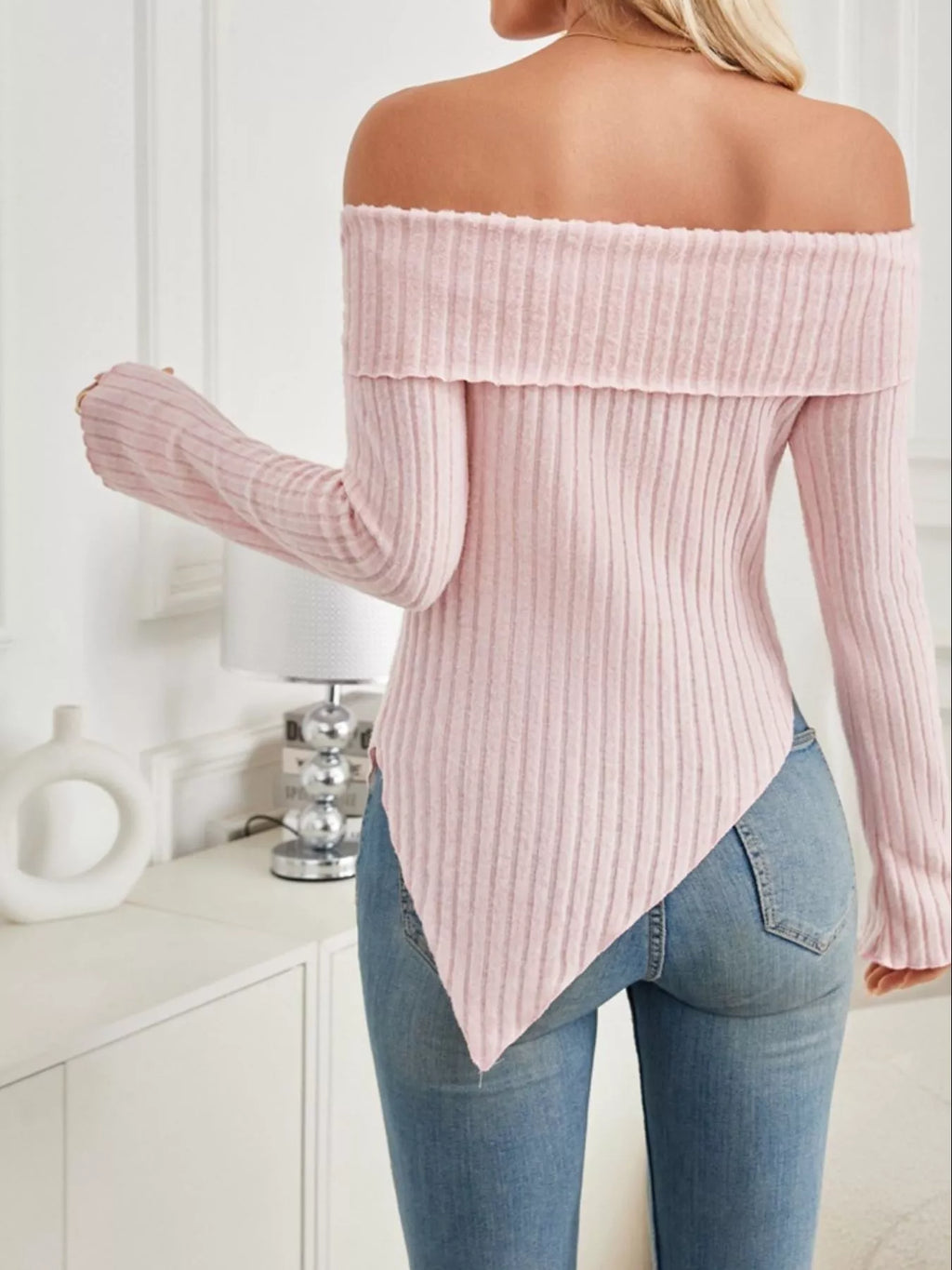 Off-Shoulder Ribbed Knit T-Shirt