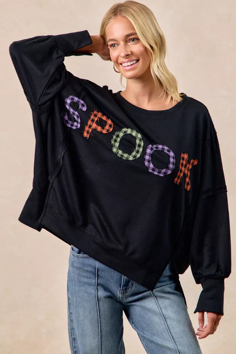 BiBi Spook Plaid Letter Print Oversized Sweatshirt