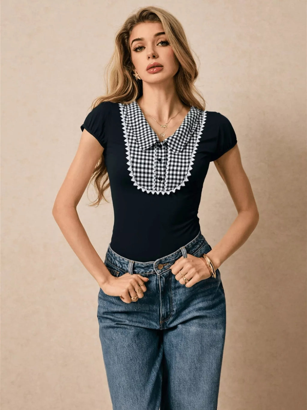 Gingham Collar Slim Fit Blouse