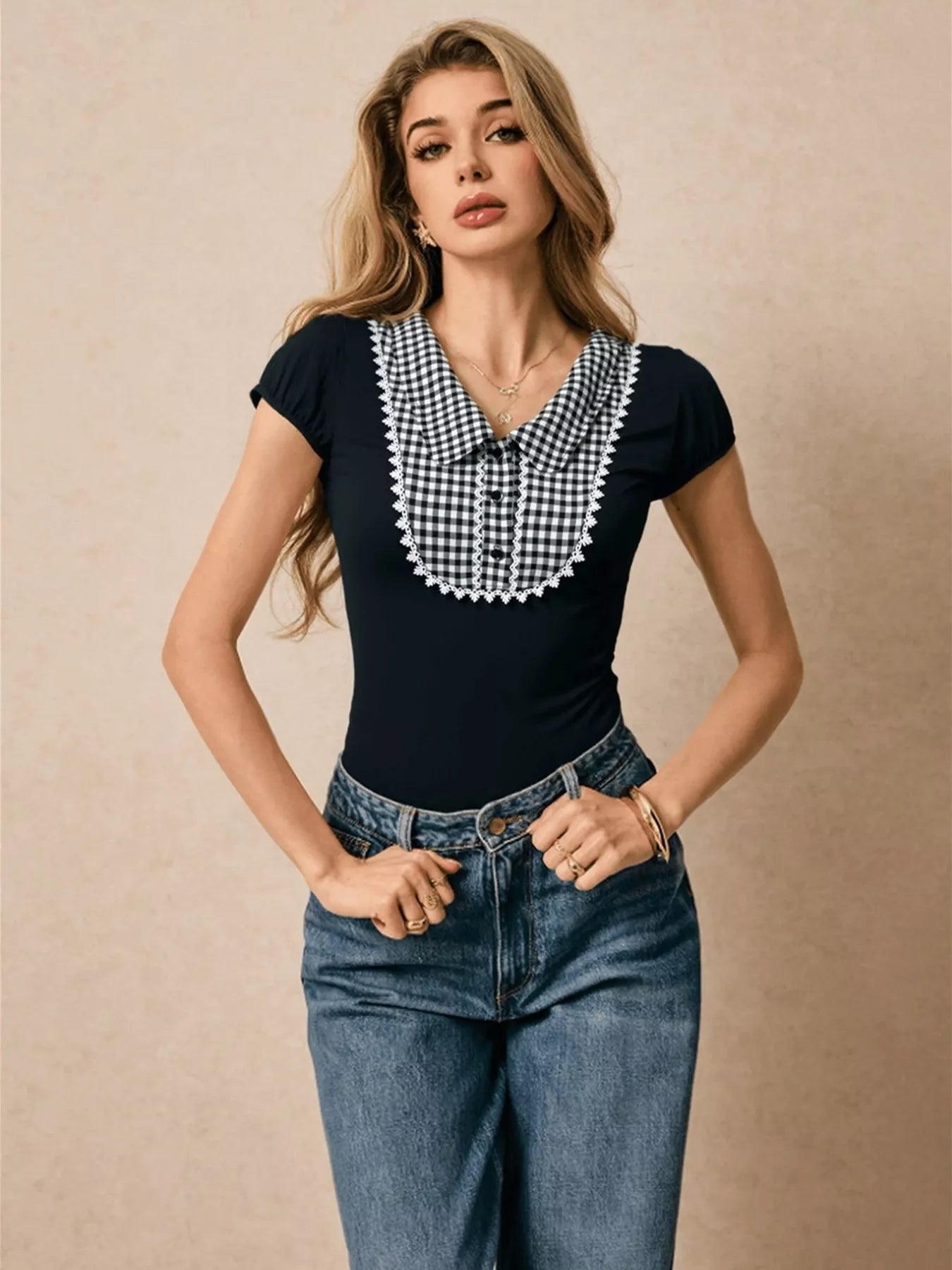 Gingham Collar Slim Fit Blouse