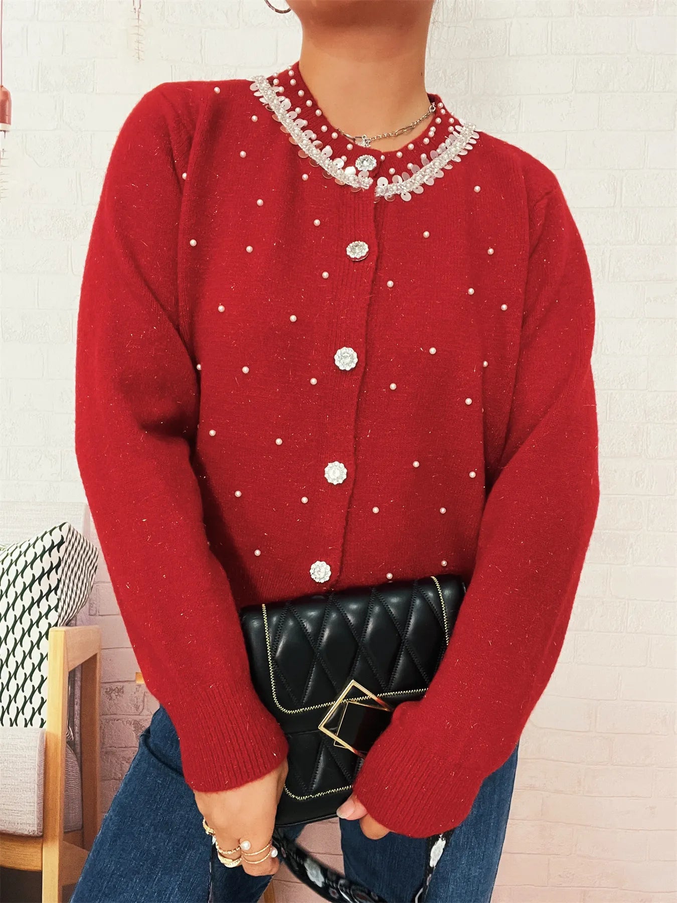 Pearl Detail Button-Front Cardigan