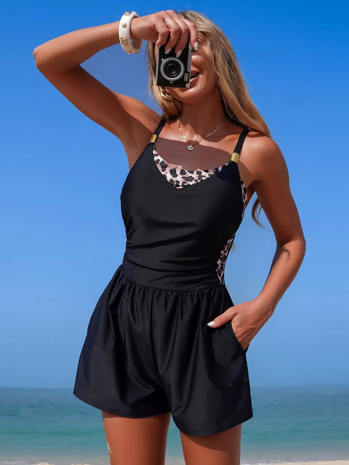 Color Block Adjustable Strap One-Piece Swimsuit