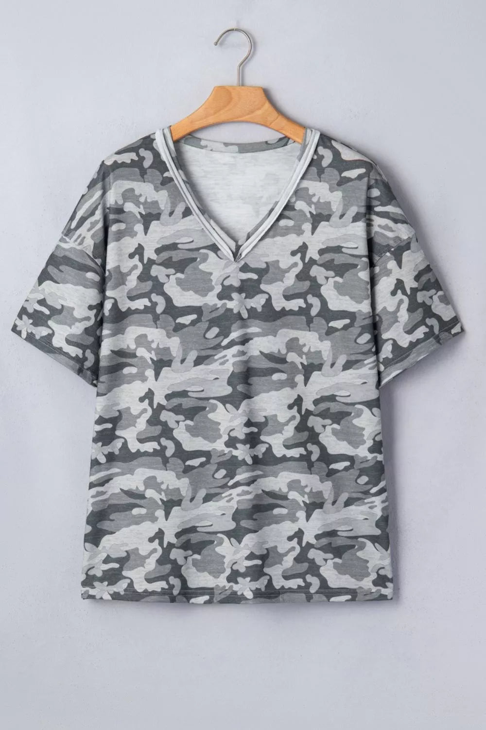 Camouflage Print Raw Edge V Neck Tee
