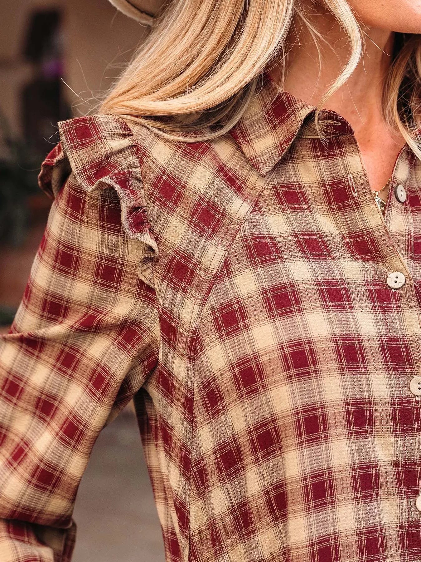 Plaid Print Ruffled Long Sleeve Patchwork Hem Mini Shirt Dress