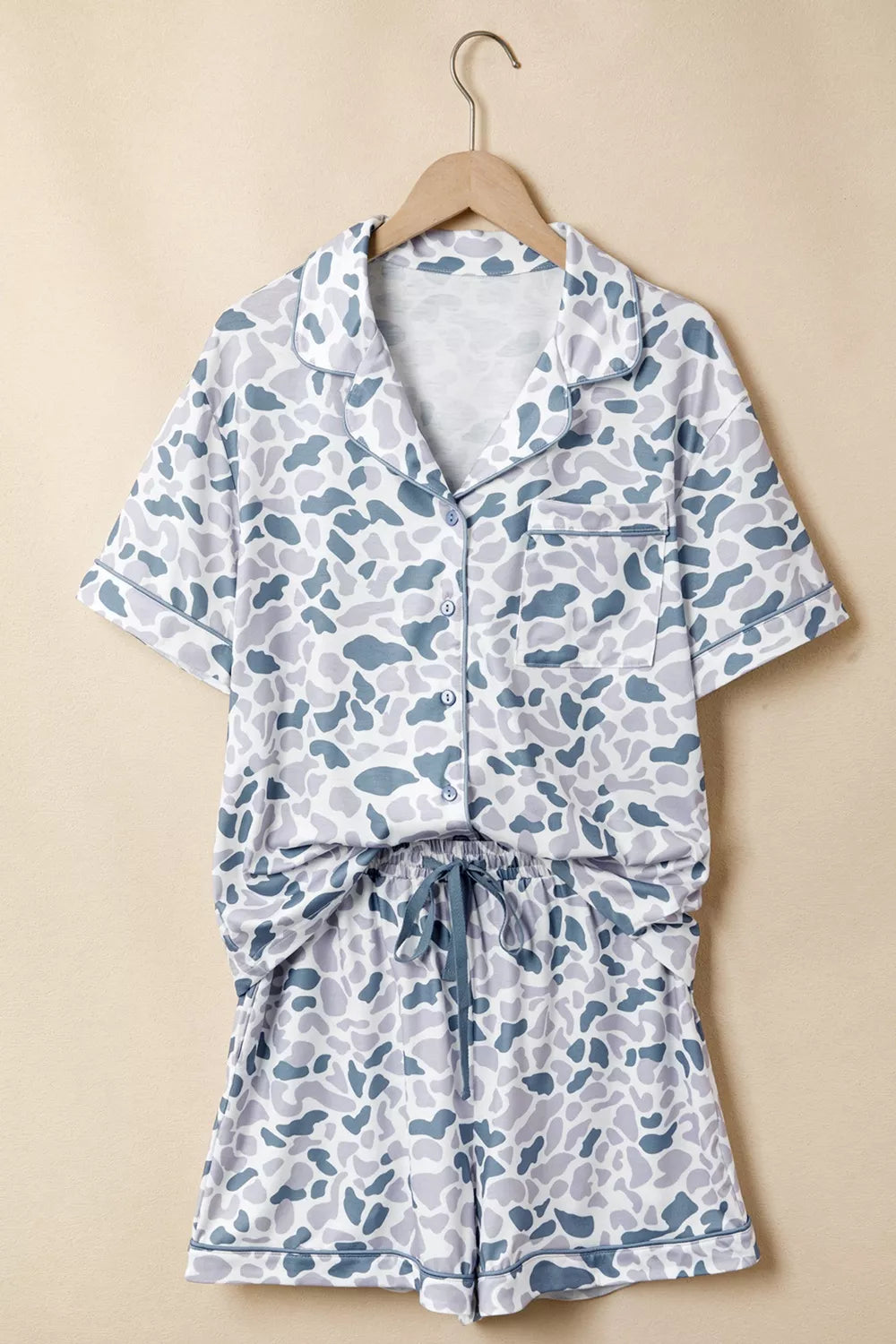 Camouflage Print Lapel Shirt Drawstring 2pcs Short Pajama Set