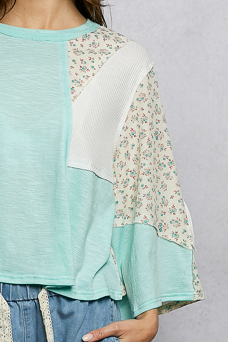 POL Exposed Seam Floral Patchwork Round Neck Textured Slub Knit Top