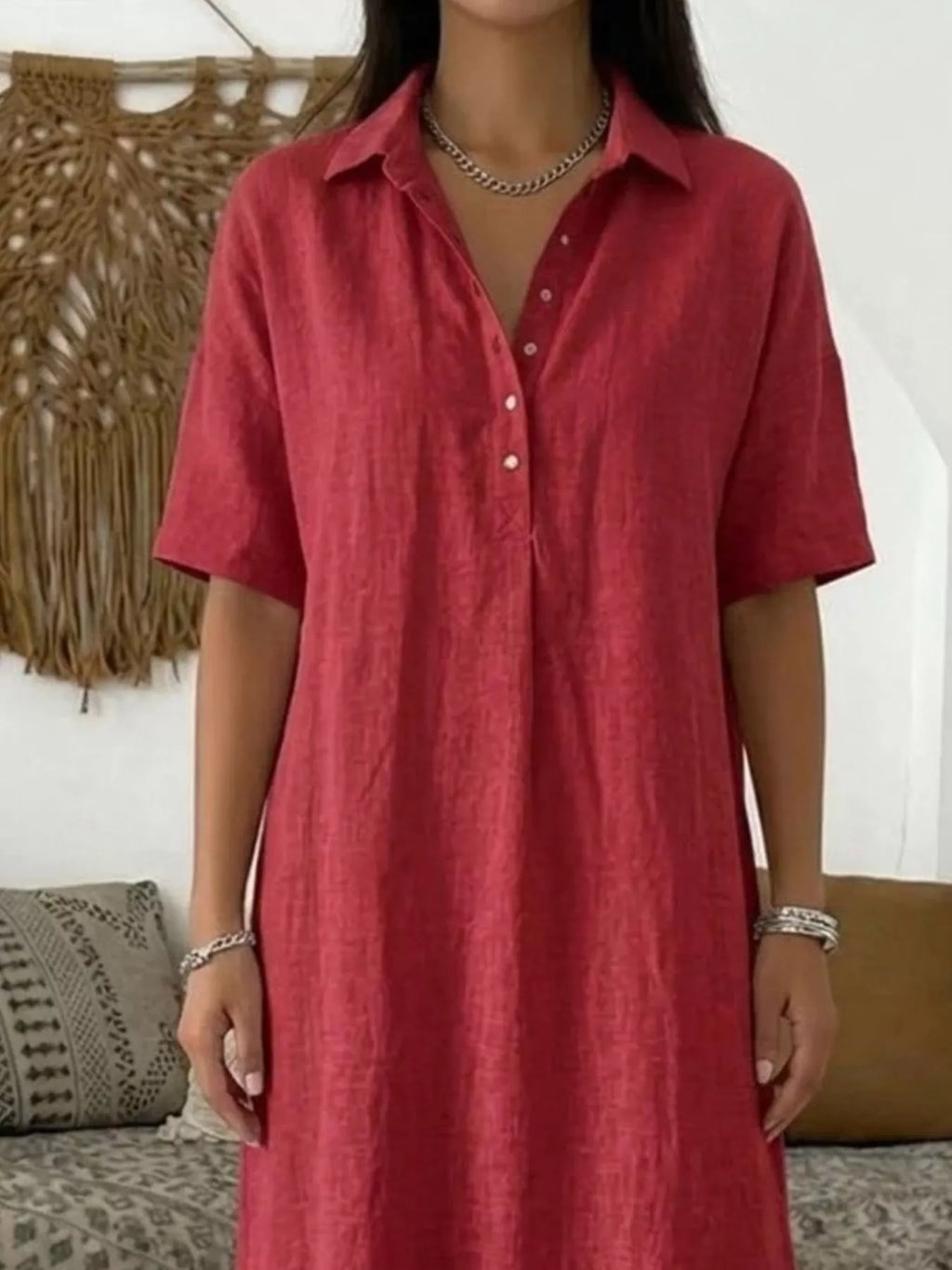 Full Size Button Detail Half Sleeve Dress Plus Size
