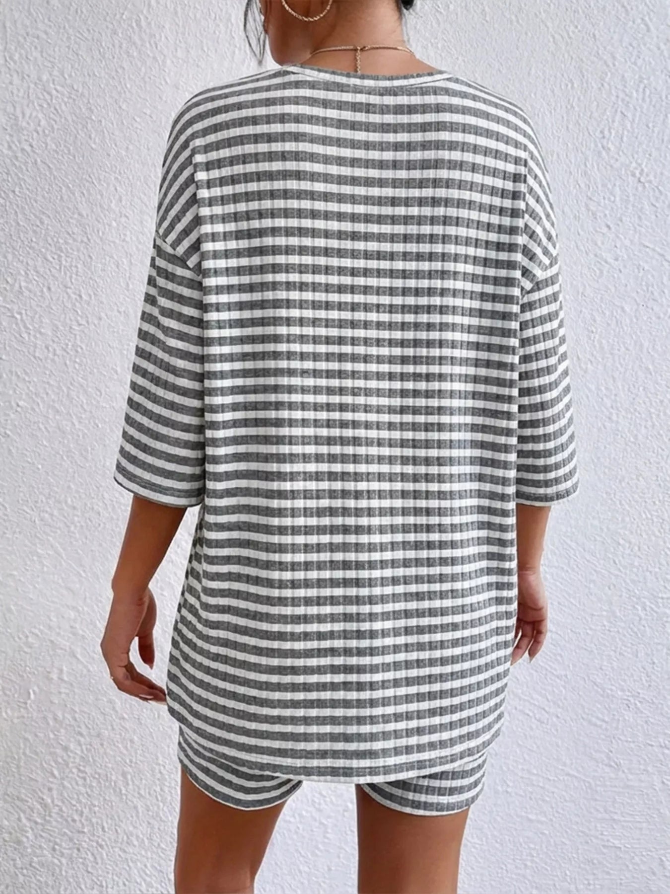 Striped Round Neck Top and Shorts Set
