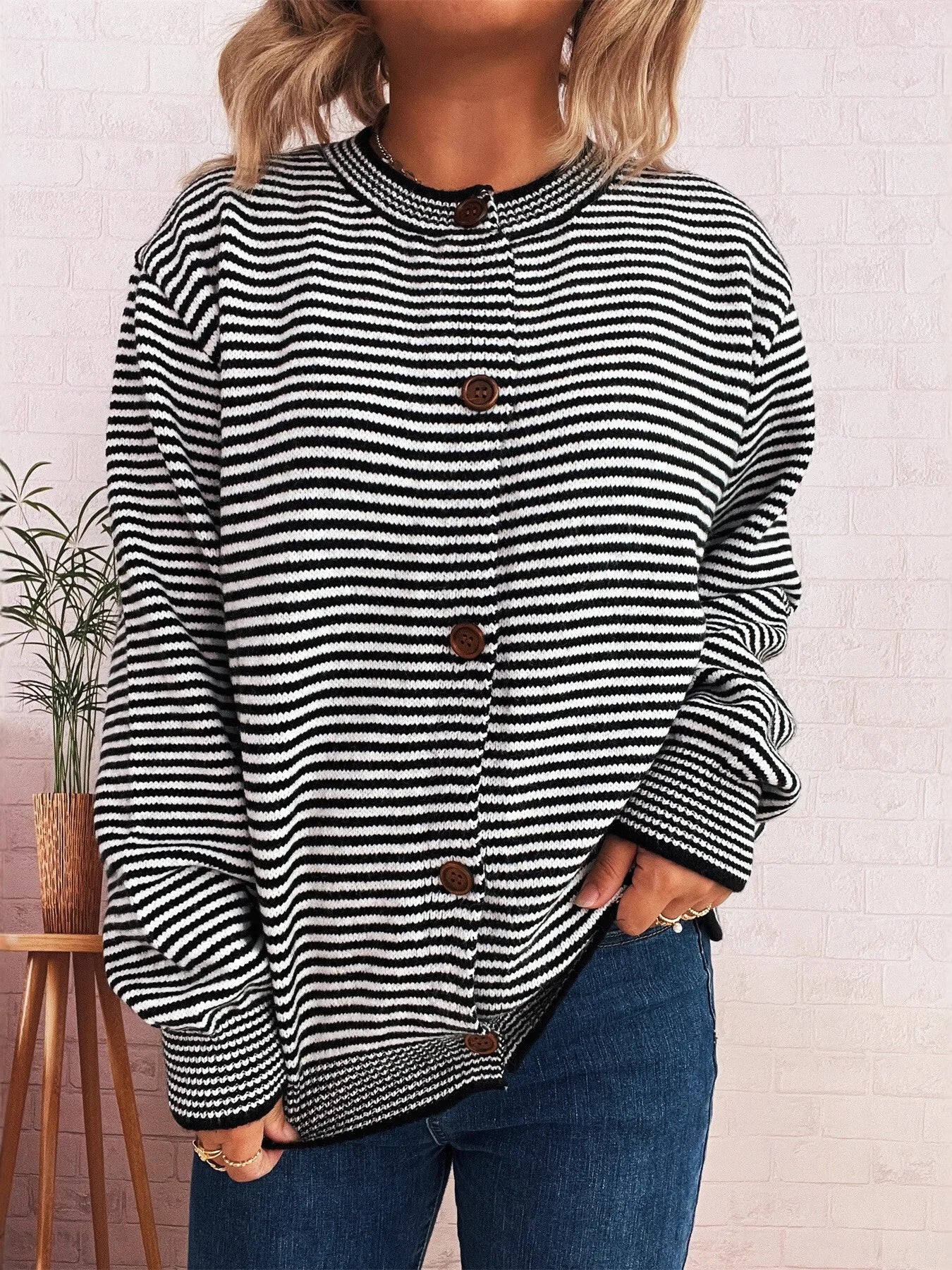 Striped Button Up Long Sleeve Cardigan