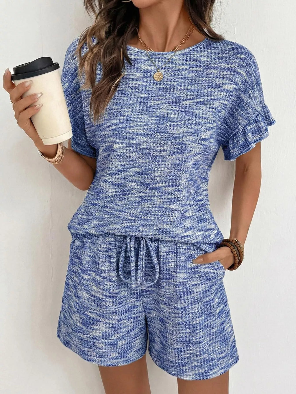 Ruffle Sleeve Textured Top and Shorts Set