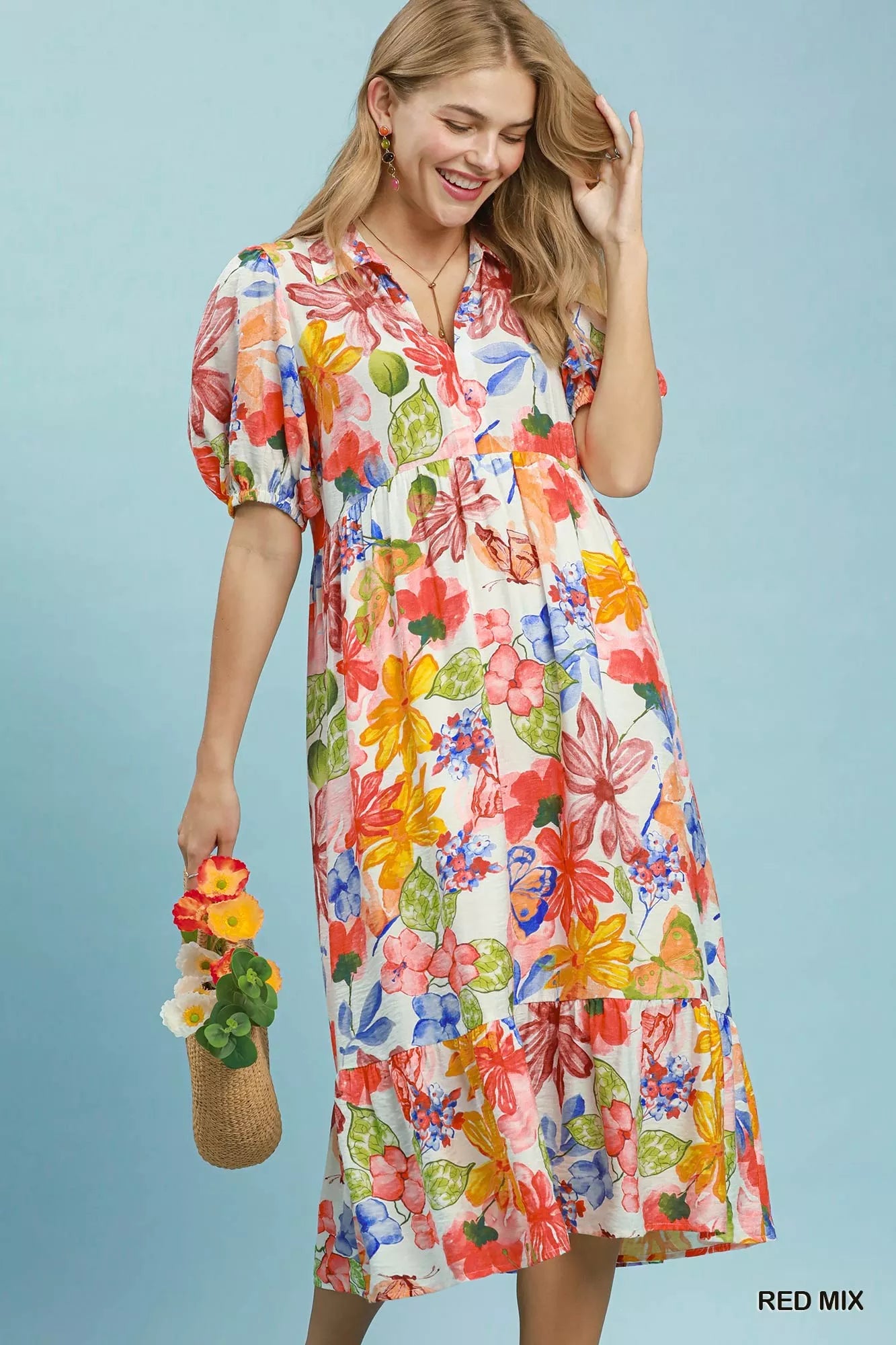 Umgee Watercolor Floral Tiered Midi Dress