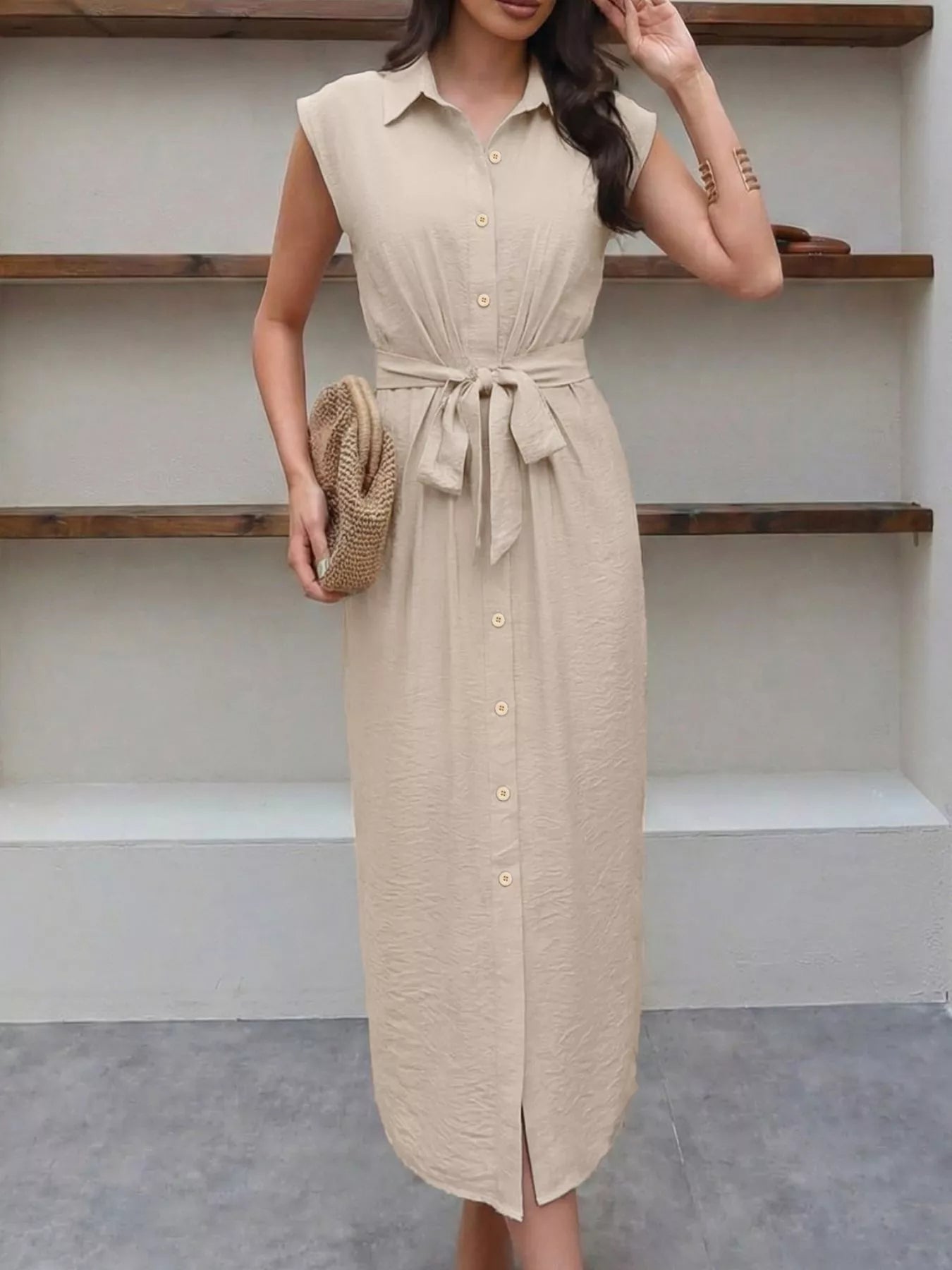Sleeveless Button-Down Tie Waist Midi Dress
